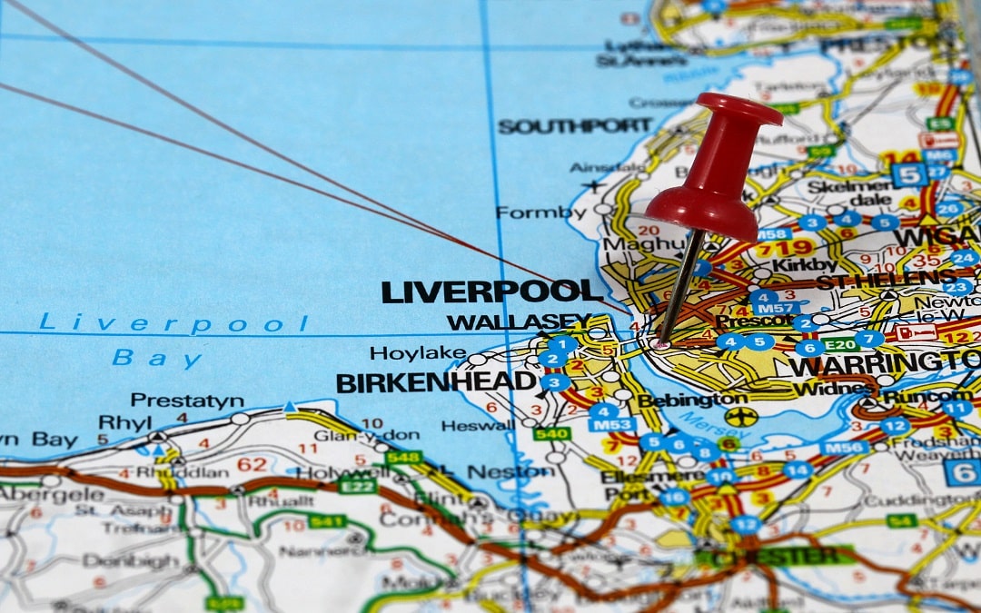 Map with pin point of Liverpool in England